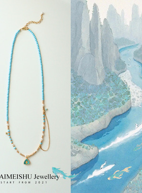 原创新中式复古时尚滴油松石绿度母吊坠项链百搭长款流苏毛衣链女