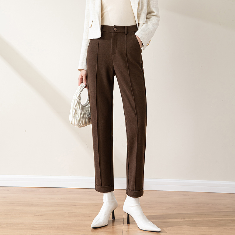 鑫阁西装毛呢裤女2025冬季新款萝卜棕色九分小个子加绒哈伦烟管裤