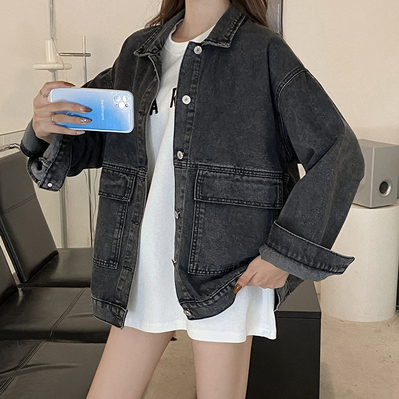 2023秋季新款牛仔外套女宽松韩版简约百搭学生上衣休闲牛仔夹克潮