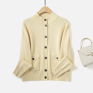 LP同款秋冬新款女装立领长袖毛衣针织衫女100%绵羊毛宽松开衫外套