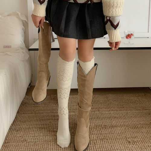 美拉德白色长筒及膝袜女羊毛袜秋冬保暖jk小腿堆堆袜配靴子高筒袜