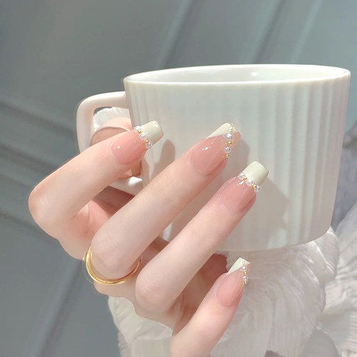 纯欲斜边法式珍珠手工定制穿戴甲