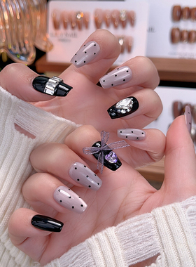 Lilynail紫色甜心手工穿戴甲蝴蝶结波点美甲贴片可拆卸定制美甲贴