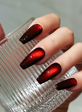 Lilynail鸽血红手工穿戴甲中长款美甲贴片2024新年款穿戴甲暗红色