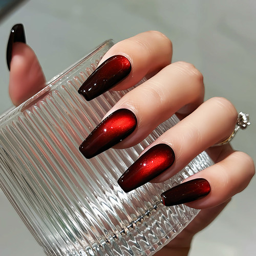 Lilynail鸽血红手工穿戴甲中长款美甲贴片2024新年款穿戴甲暗红色