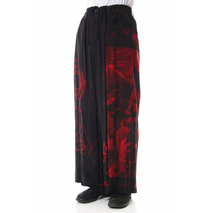 YOJI OOAK 暗黑系设计感黑红撞色休闲裤玫瑰印花阔腿裤宽松裤子
