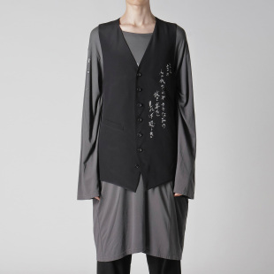 马甲设计感印花文字马夹黑色收腰后开叉上衣 单排扣无袖 YOJI OOAK