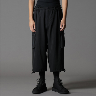 抽绳裤 原创设计羊毛宽腿裤 脚大翻盖口袋工装 裤 男 YOJI 七分裤 OOAK