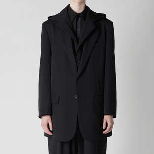 日系原创设计感前襟连帽夹克羊毛黑色外套帅气大衣男士 YOJI OOAK