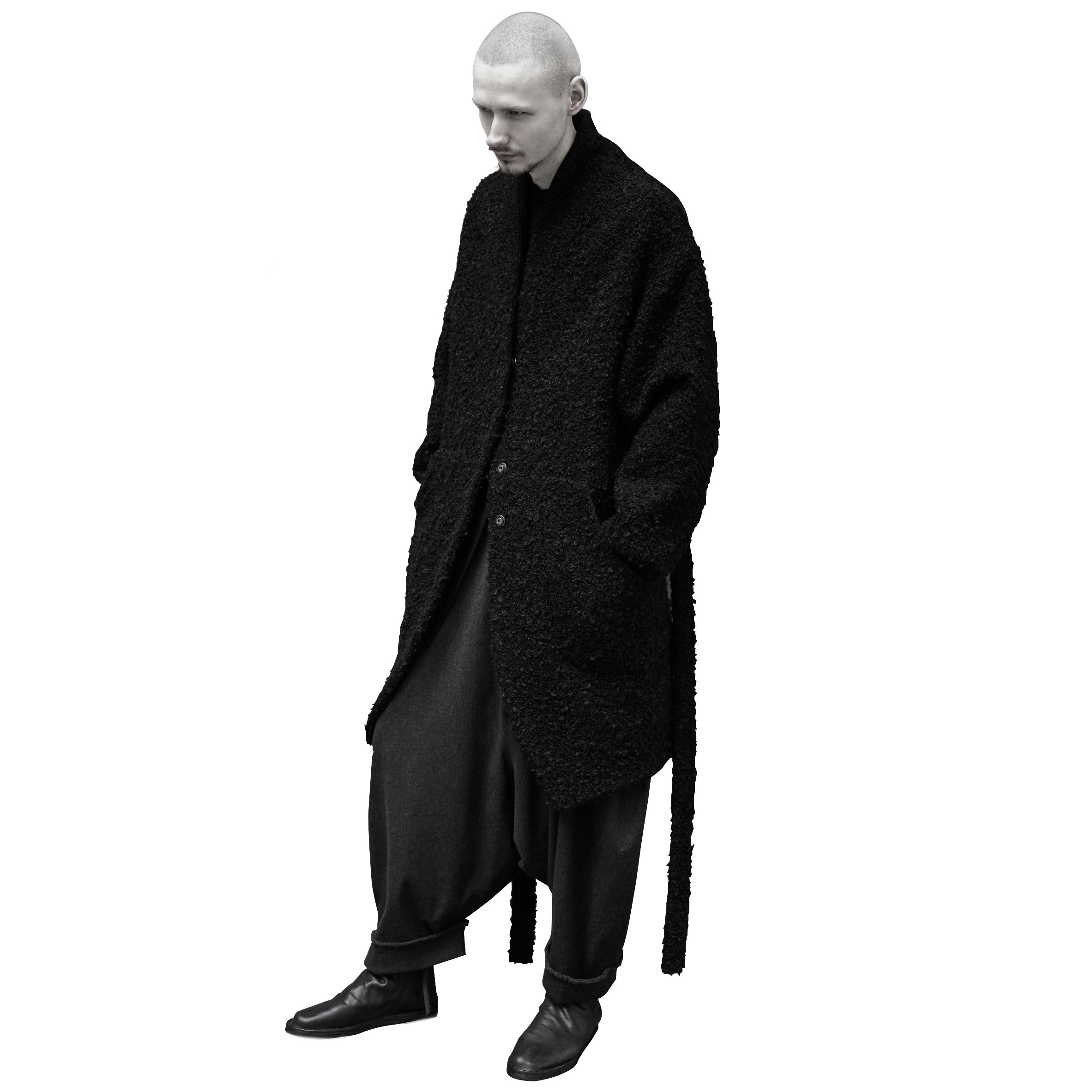 YOJI OOAK TWEED WOOL COAT粗花呢羊毛复古大衣黑色圈圈厚重外套