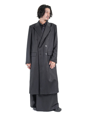 YOJI OOAK 西装领双排扣中长款大衣春秋季羊毛深灰色毛呢大衣男士