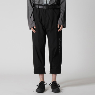 子男士 YOJI 设计感印字休闲裤 原创日系棉麻黑色直筒八分裤 潮 OOAK