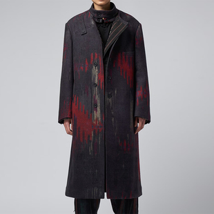YOJI OOAK 日系原创男士黑红印花图案不对称立领中长款大衣外套