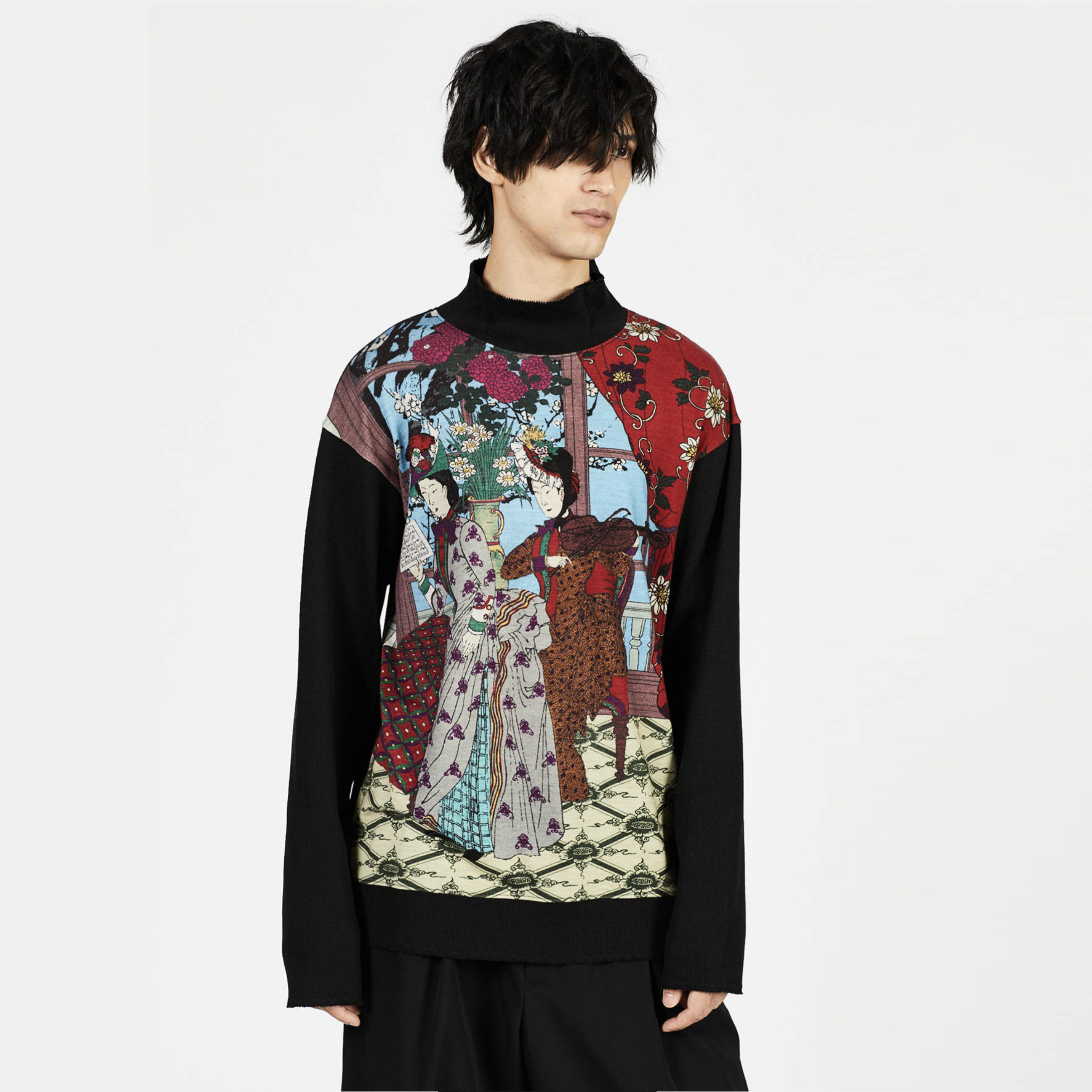 YOJI OOAK SWEATER鹿鸣馆材质拼接印花羊毛长袖卫衣高龄针织衫