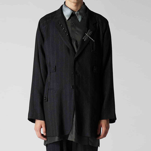 饰夹克长袖 原创设计竖条纹搭扣多纽扣装 休闲西领风衣男 OOAK YOJI