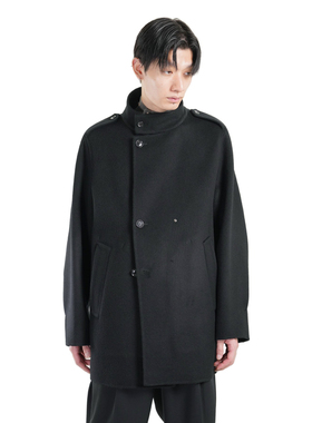 YOJI OOAK 黑色常规款单排扣立领宽松大衣春秋季羊毛羊绒长袖大衣