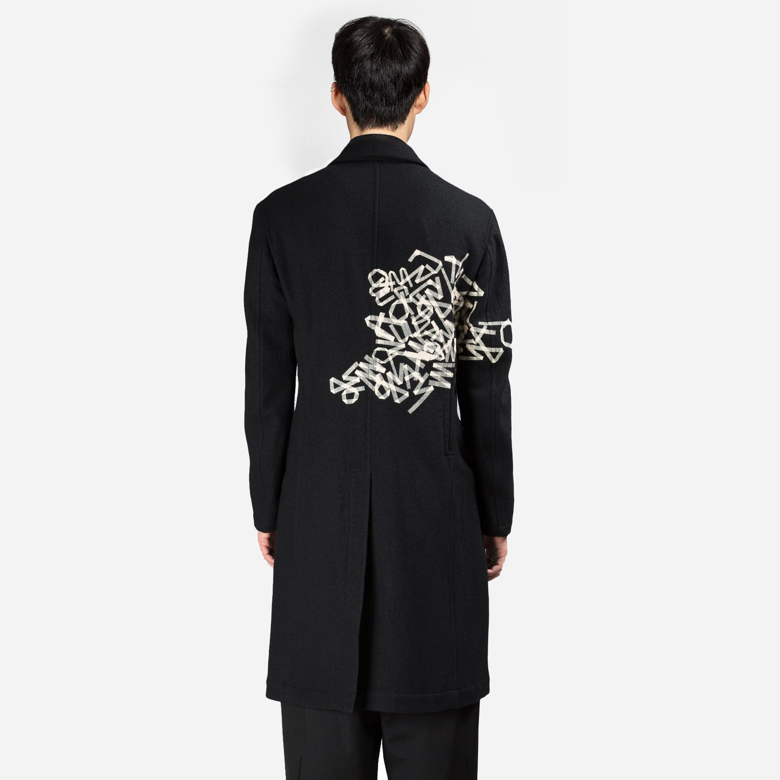 YOJI OOAK WOOL COAT原创标语羊毛印花字母标签外套Y黑大衣设计师