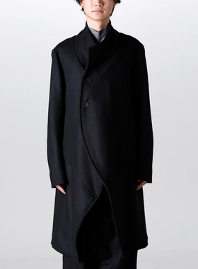 YOJI OOAK 黑色设计感纽扣中长款斜襟两粒扣长袖大衣宽松上衣男士