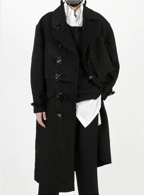 YOJI OOAK黑色褶皱肌理羊毛真皮纽扣小众超大款外套高端毛呢大衣