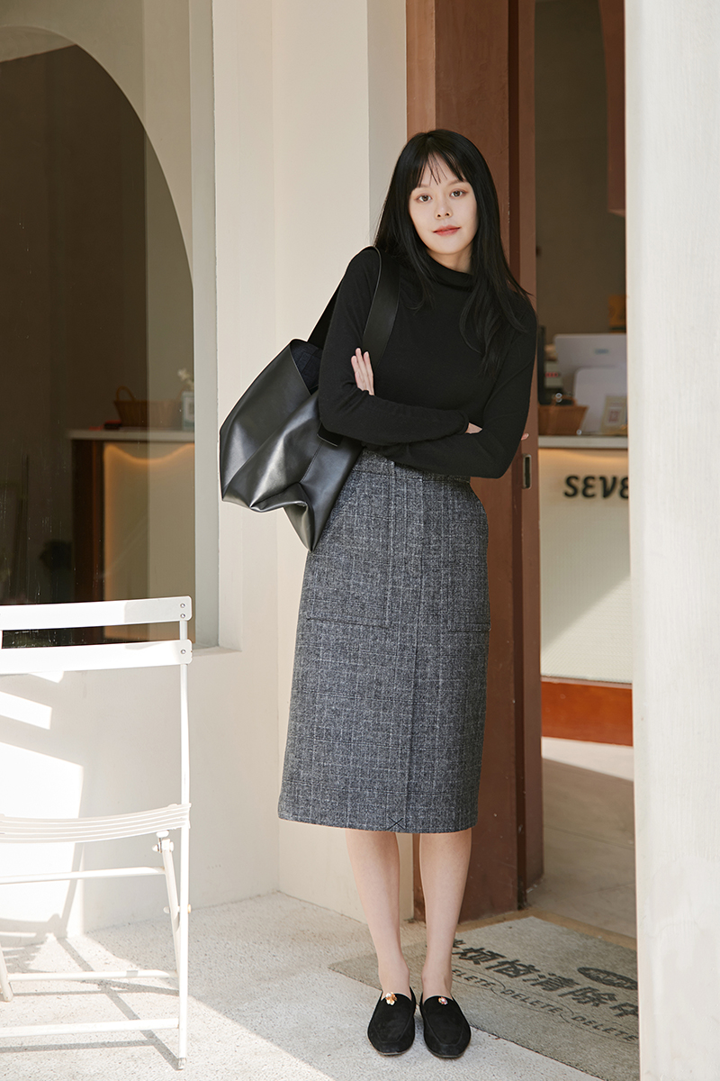 油腻头高腰裙灰花格纹毛呢半裙