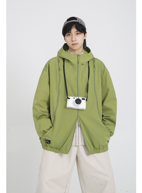 十九秋/春装新款青少年潮牌日系贴布连帽宽松休闲户外夹克外套男