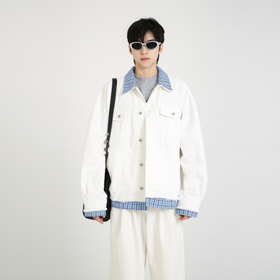 NineteenAutumn秋季新款情侣牛仔夹克外套假两件格子拼接宽松上衣