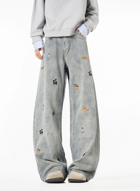 NineteenAutumn小狗刺绣牛仔裤宽松阔腿裤显瘦拖地潮牌直筒裤男女