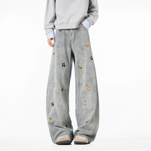 NineteenAutumn小狗刺绣牛仔裤宽松阔腿裤显瘦拖地潮牌直筒裤男女