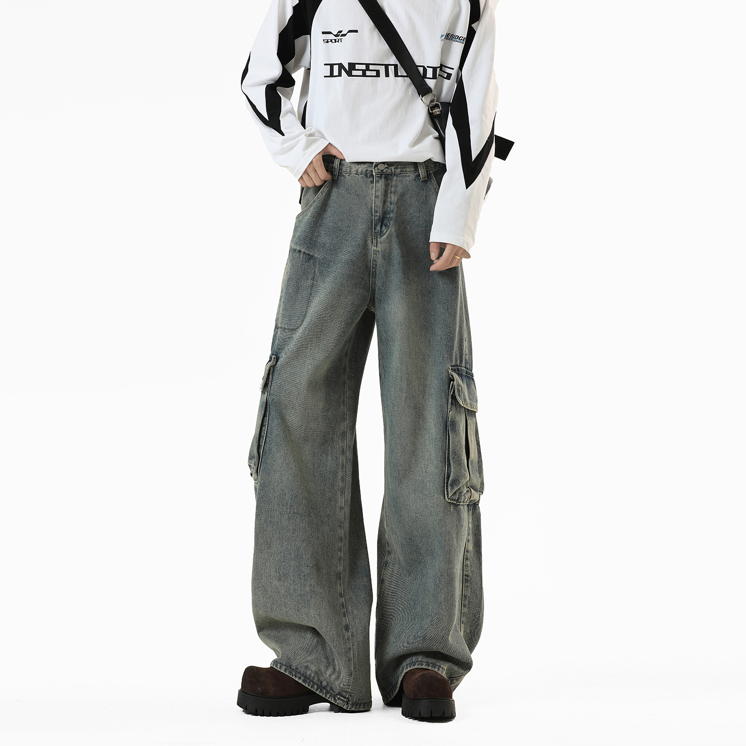 NineteenAutumn 美式工装大口袋牛仔裤男宽松直筒阔腿做旧长裤