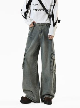 NineteenAutumn 美式工装大口袋牛仔裤男宽松直筒阔腿做旧长裤