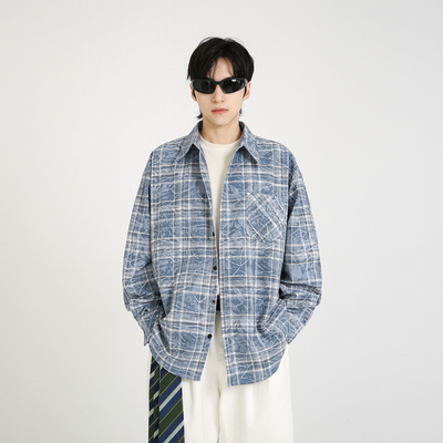 NineteenAutumn 晕染格子衬衫潮牌宽松美式高级感长袖衬衣外套男