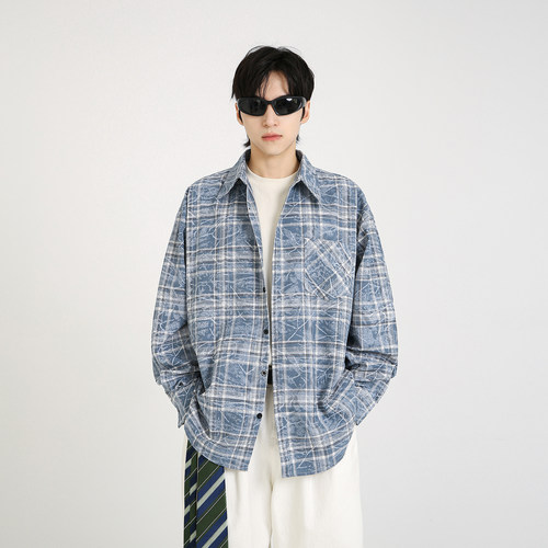 NineteenAutumn 晕染格子衬衫潮牌宽松美式高级感长袖衬衣外套男