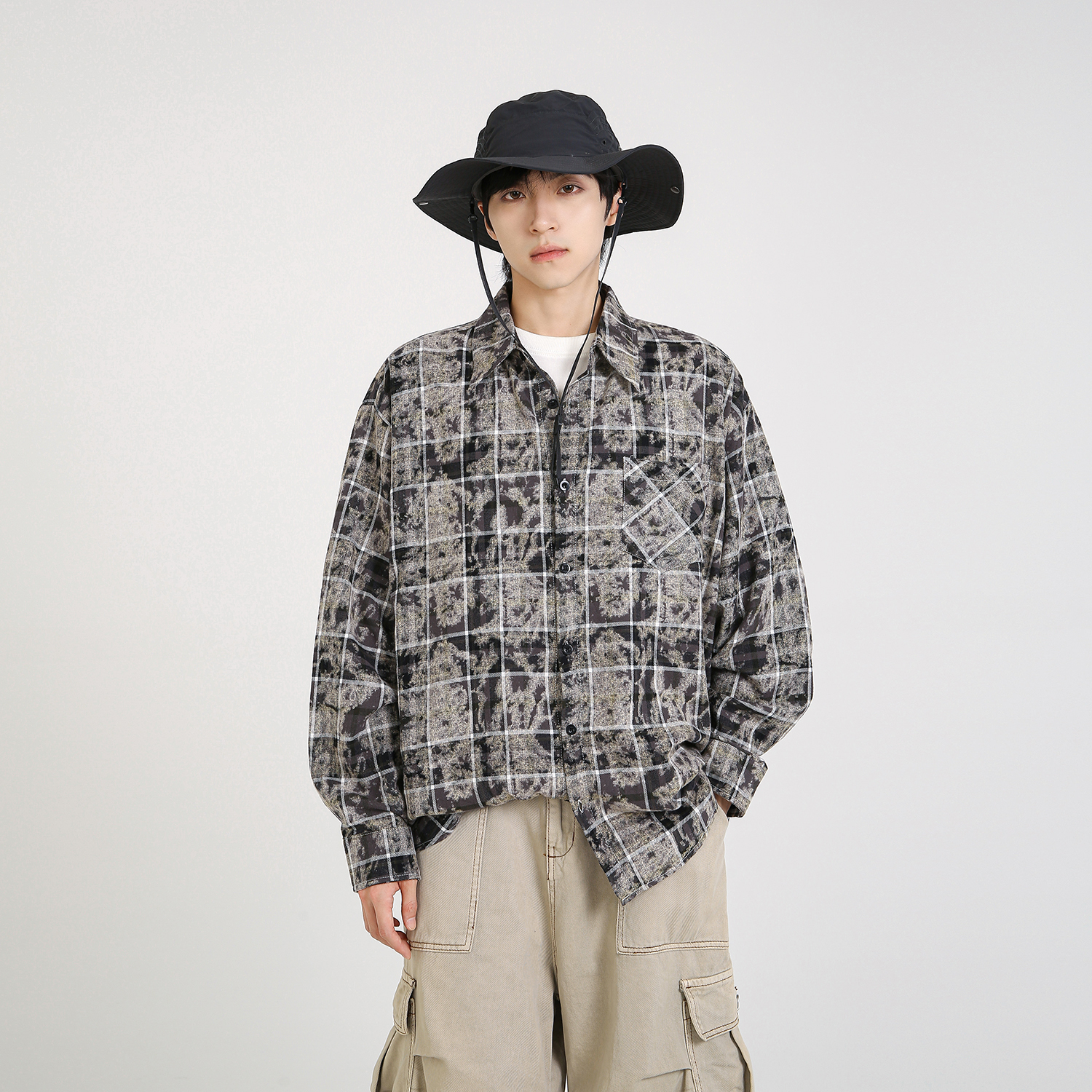 NineteenAutumn 扎染格纹长袖衬衫潮牌学生青少年美式衬衣外套男