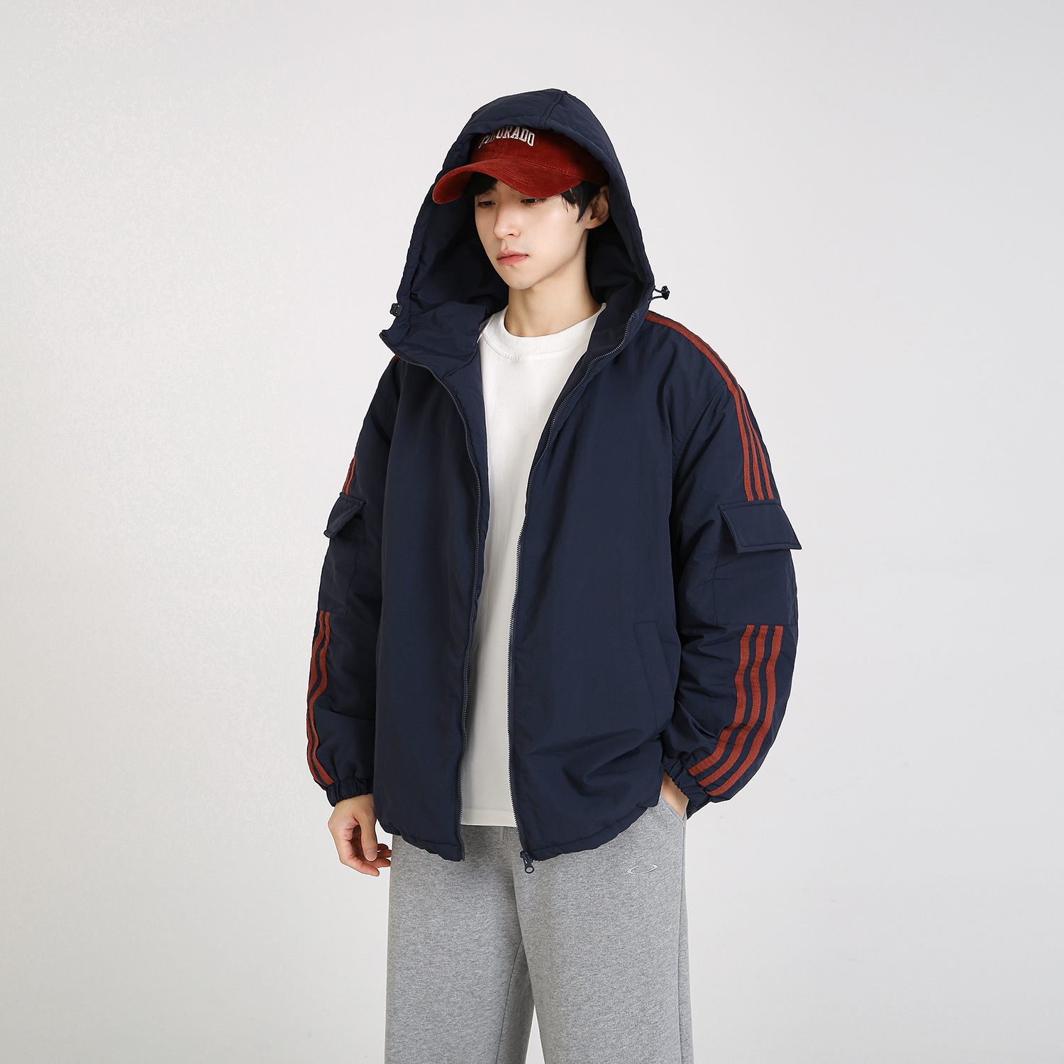 NineteenAutumn美式运动三条杠条纹拼接棉服外套男女保暖连帽棉衣