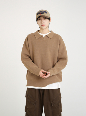 NineteenAutumn美式复古套头毛衣男女同款慵懒风Polo领针织衫情侣