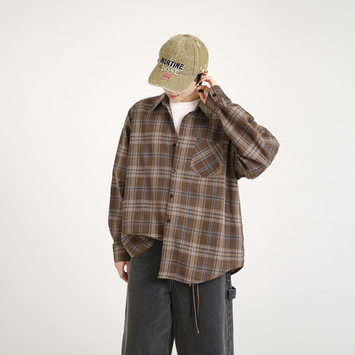 NineteenAutumn日系复古磨毛格子衬衫宽松港风学生长袖衬衣上衣男