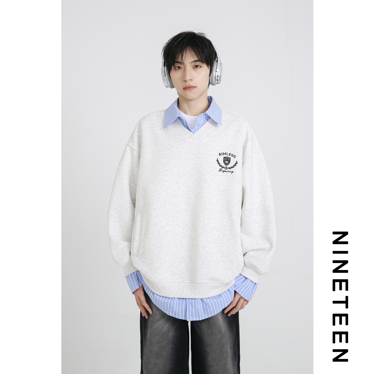 美式假两件格子衬衫翻领卫衣