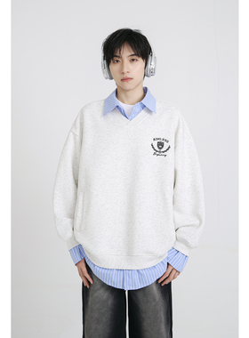 十九秋/ 春季新款美式假两件卫衣格子衬衫翻领宽松休闲学院上衣男