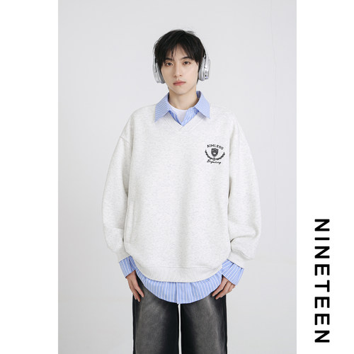 美式假两件格子衬衫翻领卫衣