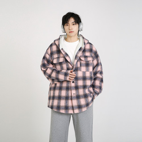 NineteenAutumn 冬季男女同款连帽羊羔毛格纹棉衣外套毛呢料宽松