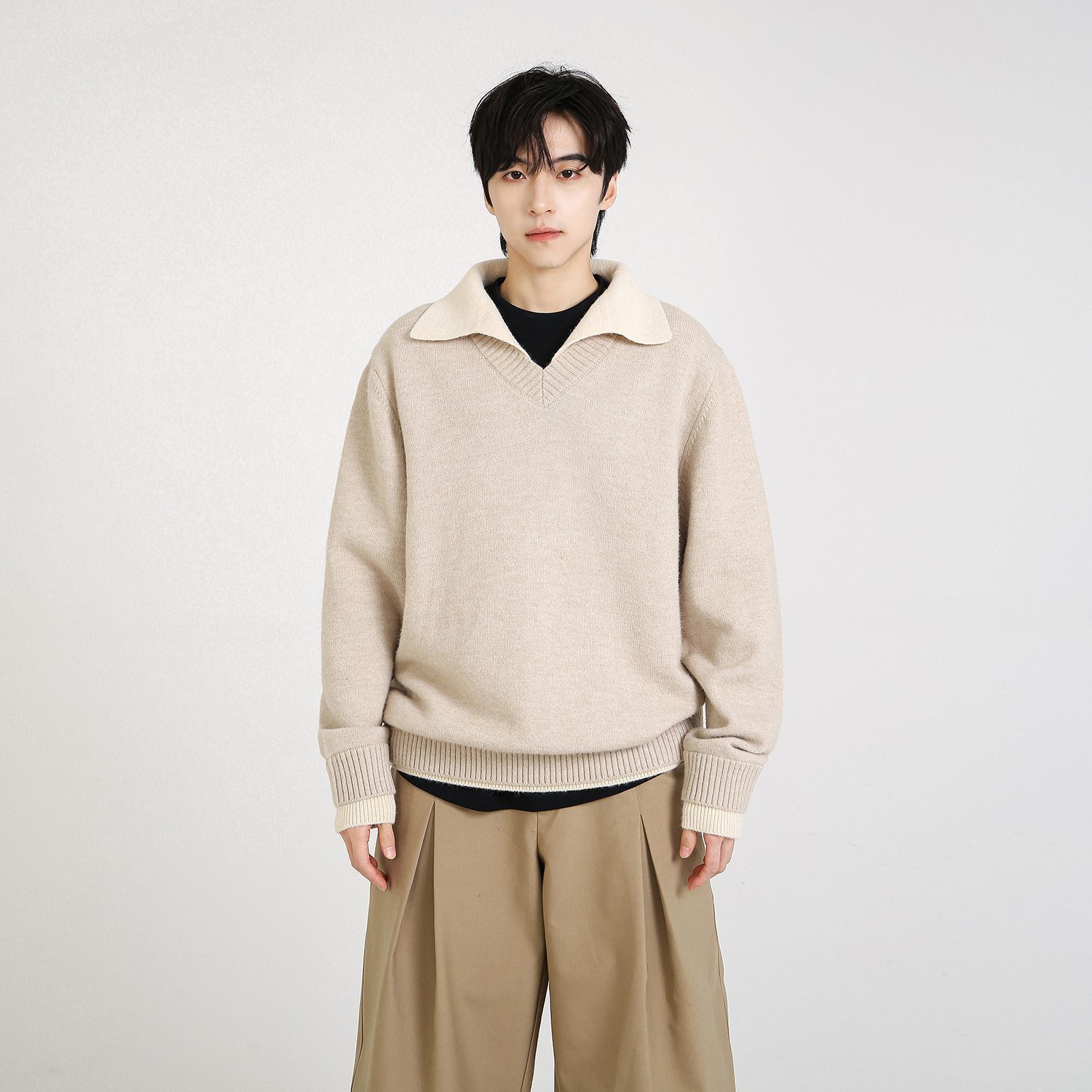 NineteenAutumn 假两件慵懒老钱风翻领针织衫男女同款秋冬季毛衣