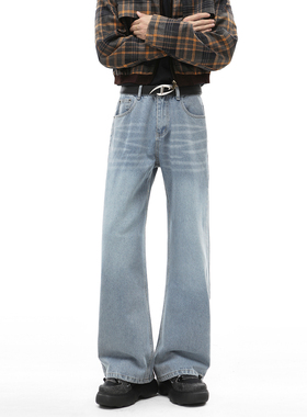 NineteenAutumn 复古猫须水洗做旧直筒牛仔裤百搭显瘦拖地长裤男