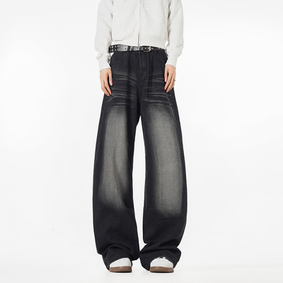 NineteenAutumn 秋季美式复古磨白水洗折痕小众宽松阔腿牛仔裤男