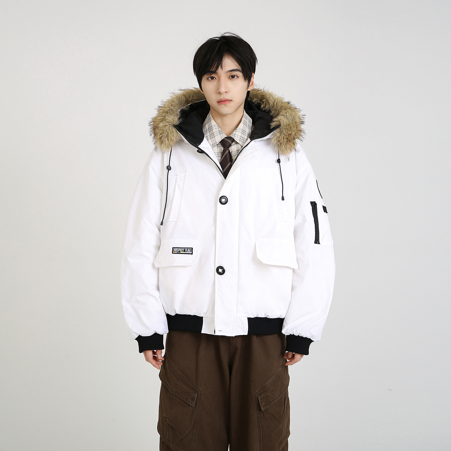 NineteenAutumn大毛领连帽棉服男女同款保暖百搭宽松棉衣外套情侣