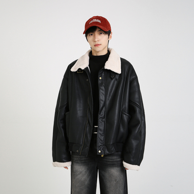 NineteenAutumn秋冬美式加绒机车皮衣pu皮宽松保暖棉服外套男女
