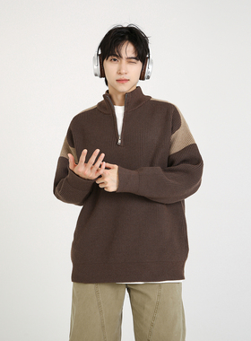 NineteenAutumn 重磅美式复古撞色慵懒风半拉链针织衫毛衣潮牌男