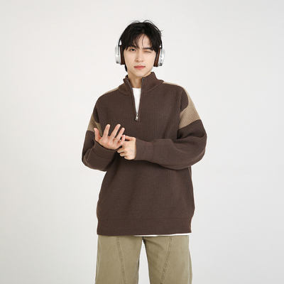 NineteenAutumn 重磅美式复古撞色慵懒风半拉链针织衫毛衣潮牌男