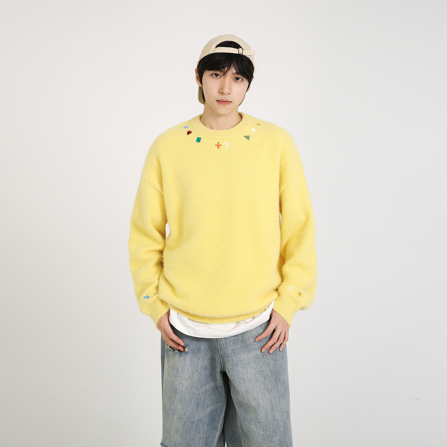 NineteenAutumn 冬季重磅学生圆领刺绣宽松针织衫男女款百搭毛衣