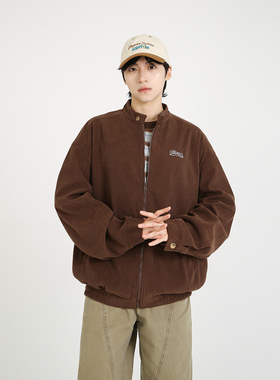 NineteenAutumn 刺绣灯芯绒哈灵顿夹克宽松学生美式立领外套男女