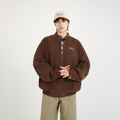 NineteenAutumn 刺绣灯芯绒哈灵顿夹克宽松学生美式立领外套男女